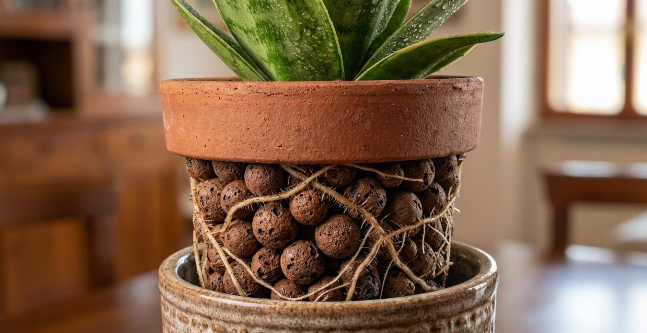 Soluzione per piante tropicali con riscaldamento a pavimento che mostra un sistema a doppio vaso per isolare le radici.