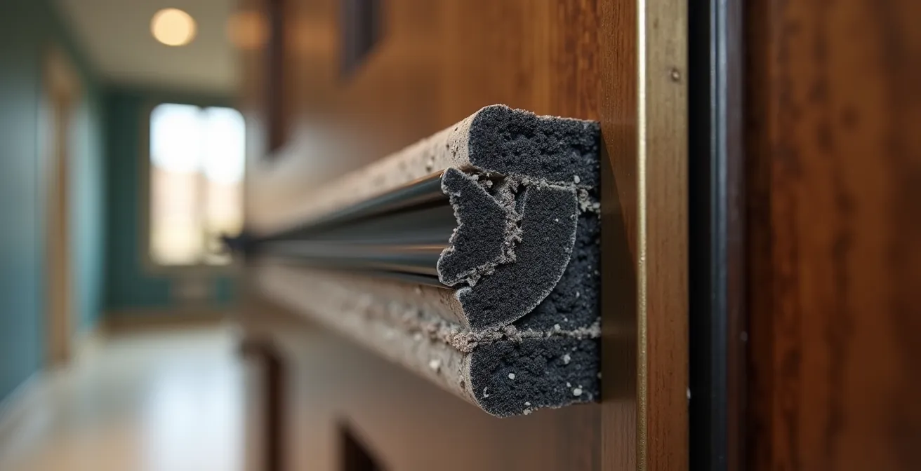 Dettaglio macro della struttura isolante di una porta blindata italiana