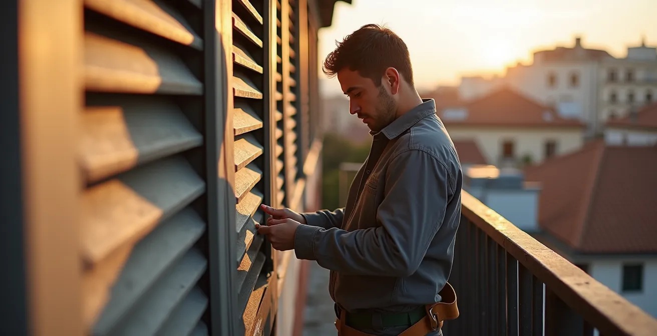 Unità esterna di pompa di calore protetta da schermatura architettonica su tetto