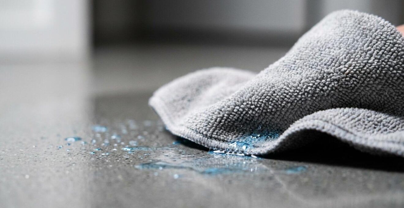 Dettaglio pulizia pavimento in resina opaca con panno microfibra