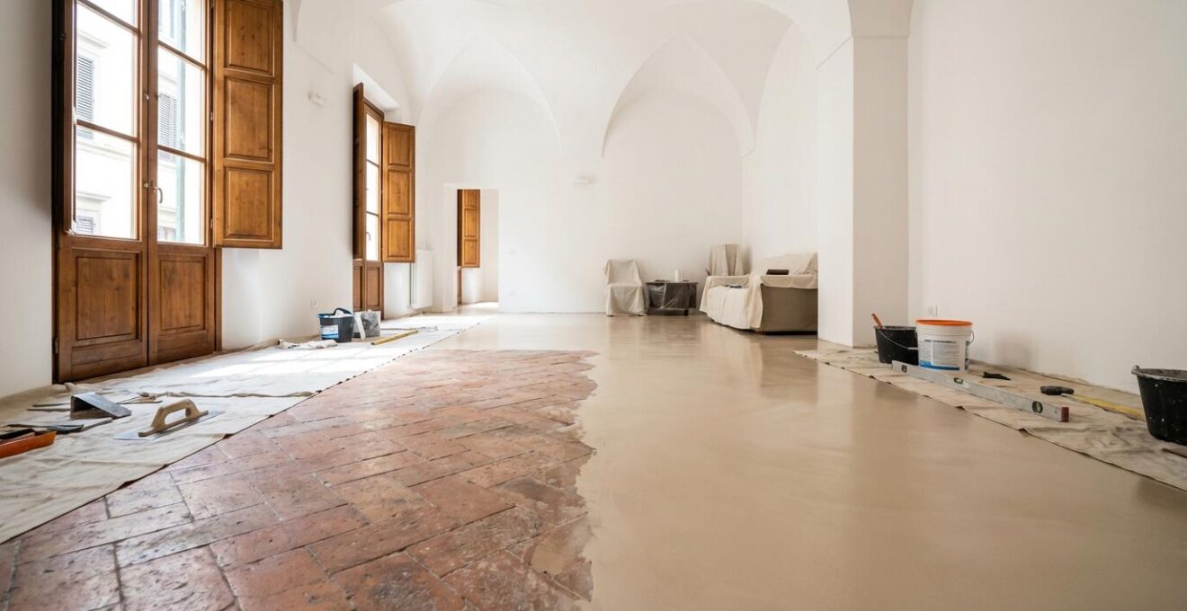 Applicazione della resina su pavimento in piastrelle durante ristrutturazione