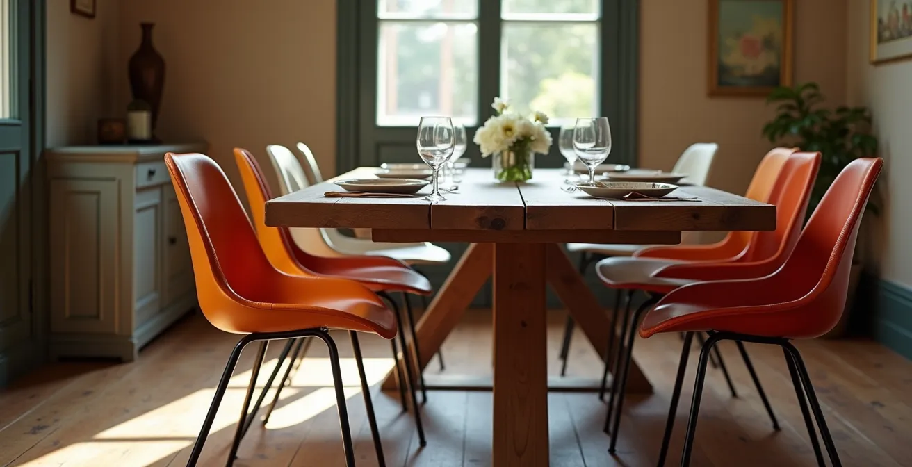 Mix di sedie moderne italiane intorno a un tavolo in legno massello