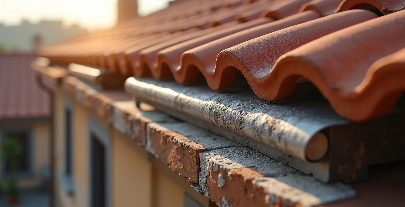 Sezione trasversale di un tetto storico che mostra il sistema di ventilazione invisibile sotto le tegole fotovoltaiche
