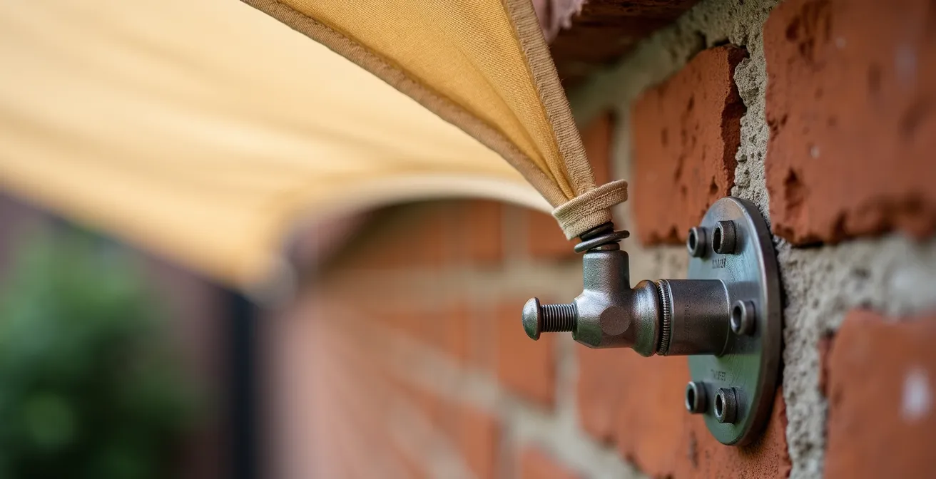 Dettaglio sistema di ancoraggio per vele ombreggianti su parapetto in muratura