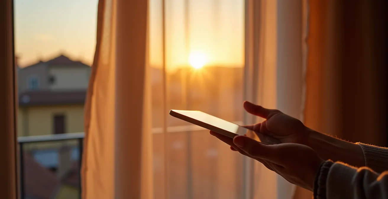 Mano che tiene tablet con interfaccia domotica sfocata mentre tende motorizzate si muovono automaticamente su finestra italiana al tramonto