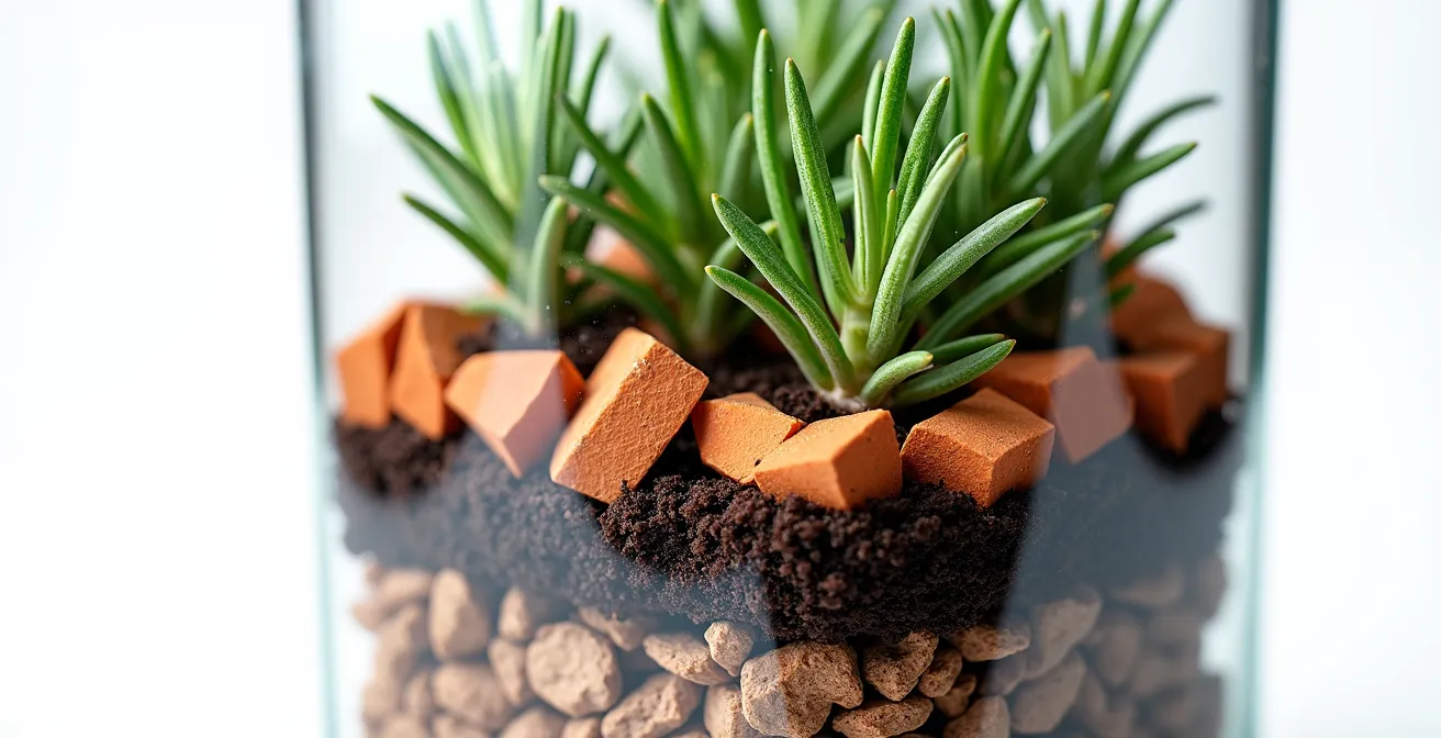 Sezione di vaso con strati di drenaggio per piante aromatiche