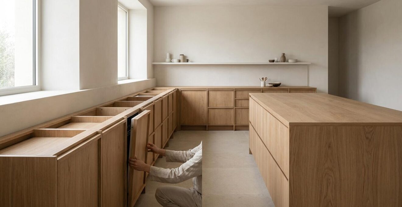 Sistema modulare di cucina italiana con ante intercambiabili e struttura permanente