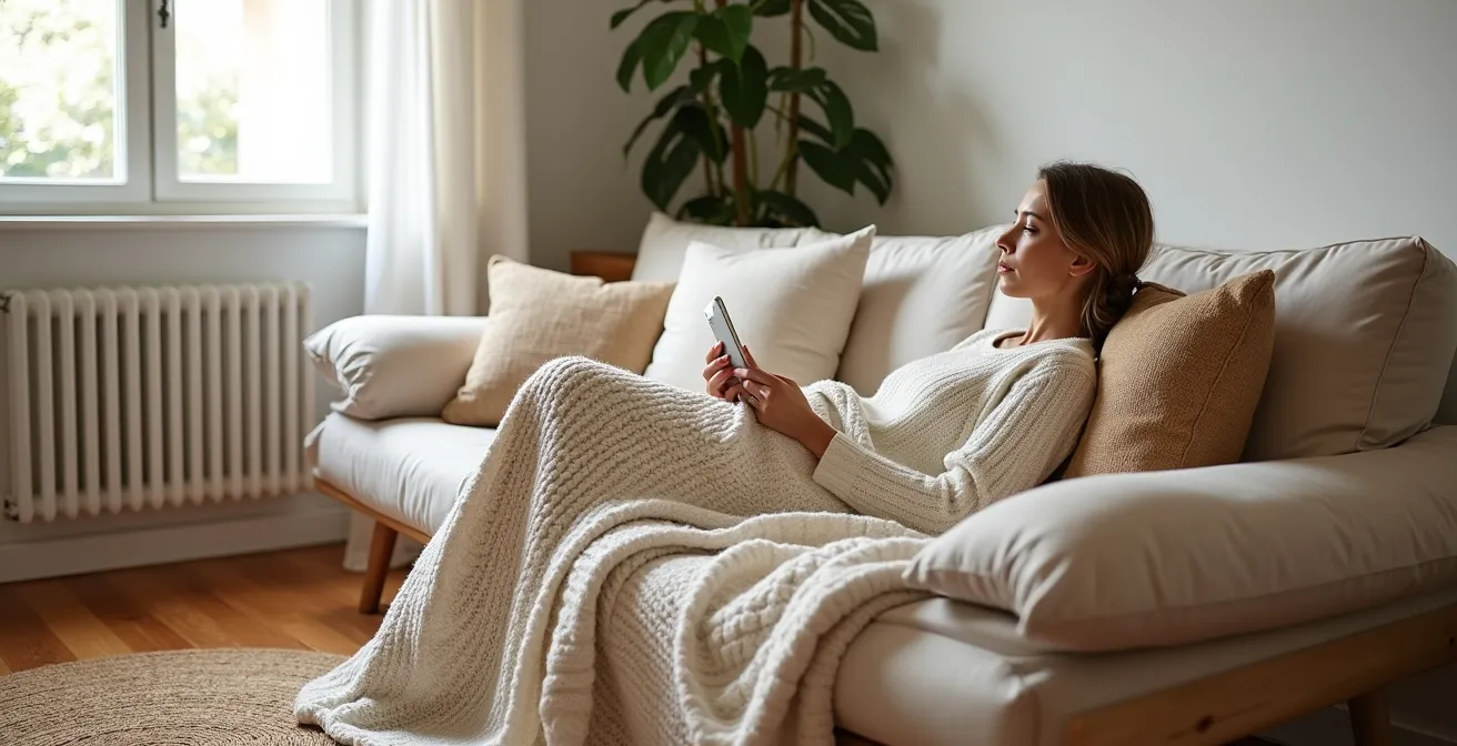 Angolo soggiorno minimalista arricchito da stratificazione di tessuti naturali