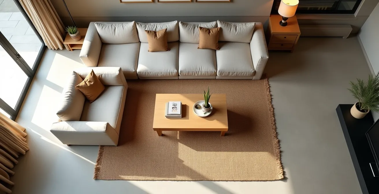 Vista dall'alto di un soggiorno con tappeto di dimensioni corrette sotto il divano