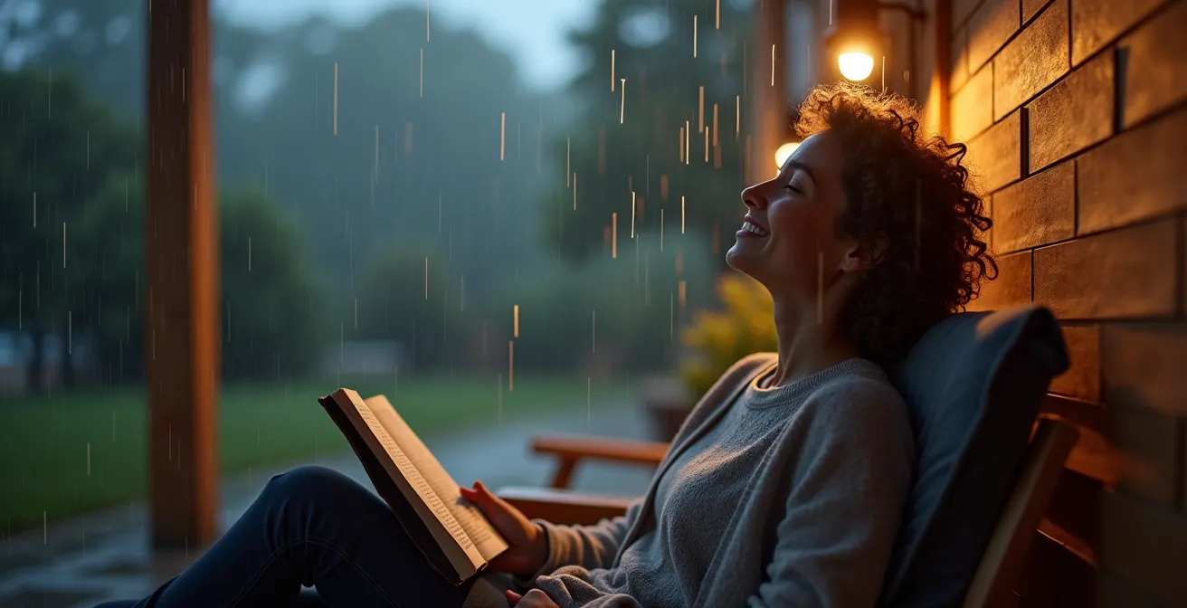 Tende a caduta ZIP su pergola bioclimatica durante temporale che proteggono una persona che legge rilassata all'interno