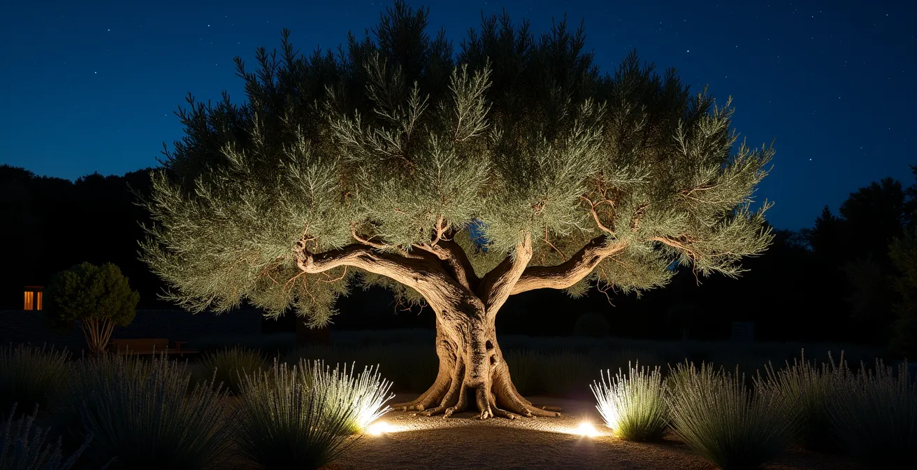 Ulivo secolare illuminato con tecnica uplighting in giardino mediterraneo italiano