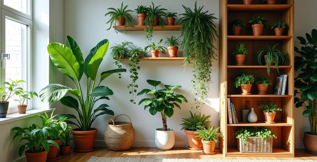 Disposizione verticale strategica di piante in un ufficio domestico con mensole aeree e librerie verdi