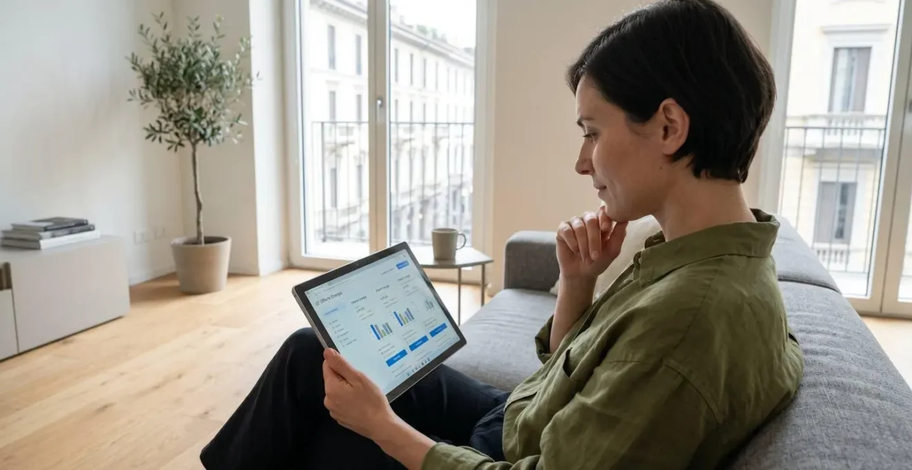 Un professionista di profilo consulta una piattaforma di confronto agenzie su tablet in un appartamento luminoso milanese, seduto vicino a una grande finestra con luce naturale