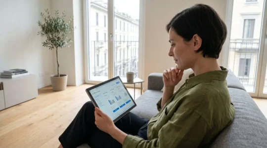 Un professionista di profilo consulta una piattaforma di confronto agenzie su tablet in un appartamento luminoso milanese, seduto vicino a una grande finestra con luce naturale