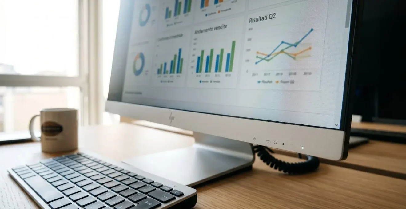 Primo piano ravvicinato di uno schermo di computer che mostra metriche di comparazione sfocate e grafici di dati, con focus sul bordo dello schermo e superficie scrivania moderna pulita