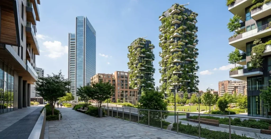 Vista grandangolare di un quartiere residenziale moderno milanese con architettura contemporanea pulita, edifici recenti illuminati da luce naturale diurna, prospettiva urbana senza persone in primo piano Vista grandangolare di un quartiere residenziale moderno milanese con architettura contemporanea pulita, edifici recenti illuminati da luce naturale diurna, prospettiva urbana senza persone in primo piano
