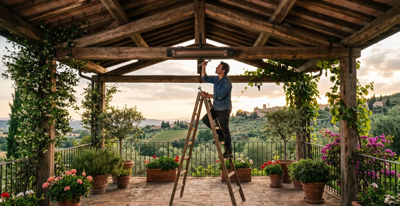 Un uomo su una scala regola un riscaldatore elettrico montato sotto il soffitto alto di una pergola.