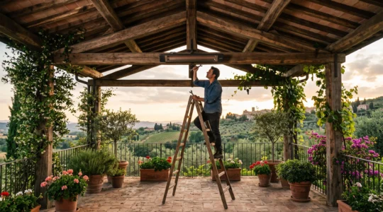 Un uomo su una scala regola un riscaldatore elettrico montato sotto il soffitto alto di una pergola.