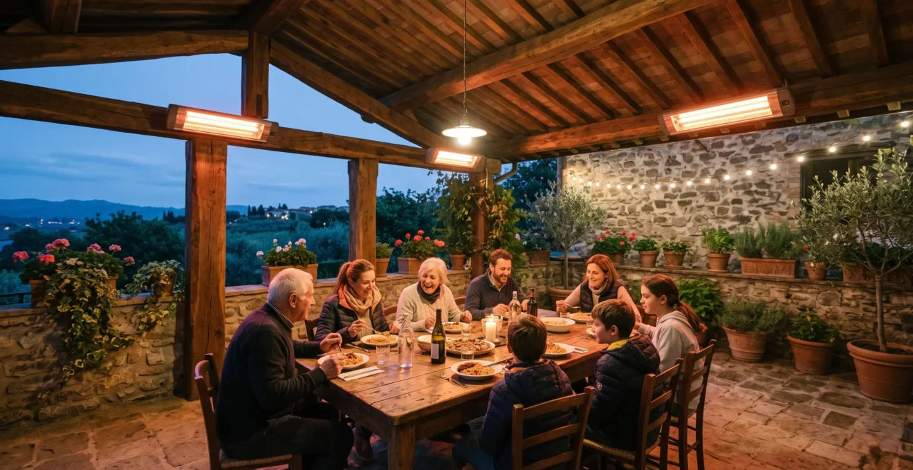 Una famiglia cena su una terrazza riscaldata da due riscaldatori radianti montati in alto.